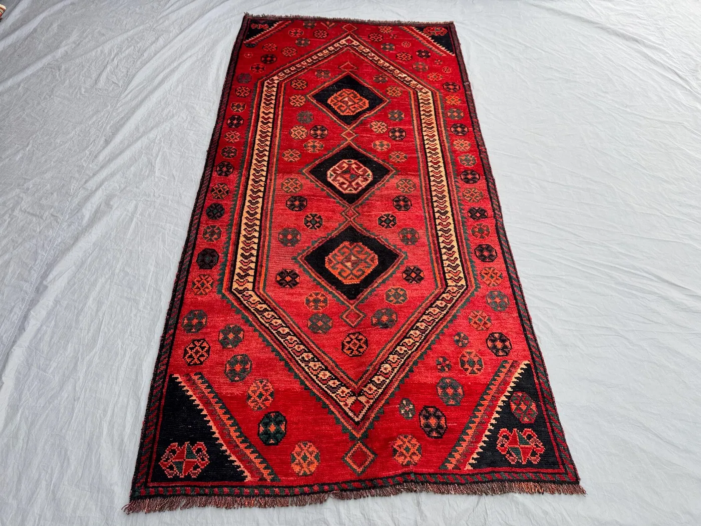Turkish Inspired Caucasian Rug, 4'1x8'6 ft (125x260 cm), Vintage Hand-Knotted Wool, Soft Red and Black, Medallion Design, Tribal Decor