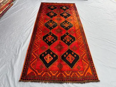 Red 4'10x10'3 Ft Vintage Turkish Inspired Caucasian Wide Runner Rug, Medallion Design, Soft Wool, Tribal Rug, 