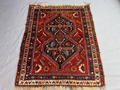 4x4'8 ft Vintage Afghan Baluchi Hand-Knotted Rug, Soft Pile, Tribal Wool Geometric Design, Red & Blue, Living 