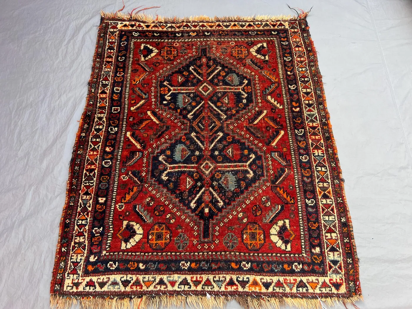 4x4'8 ft Vintage Afghan Baluchi Hand-Knotted Rug, Soft Pile, Tribal Wool Geometric Design, Red & Blue, Living Room, Bedroom, Area Rug