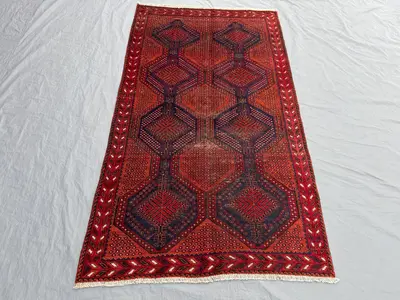 Red 3'11x6'9 Ft Turkish Hand Knotted Low Pile Distressed Rug, Rare Nomadic Medallion Design, Vintage Tribal Ru