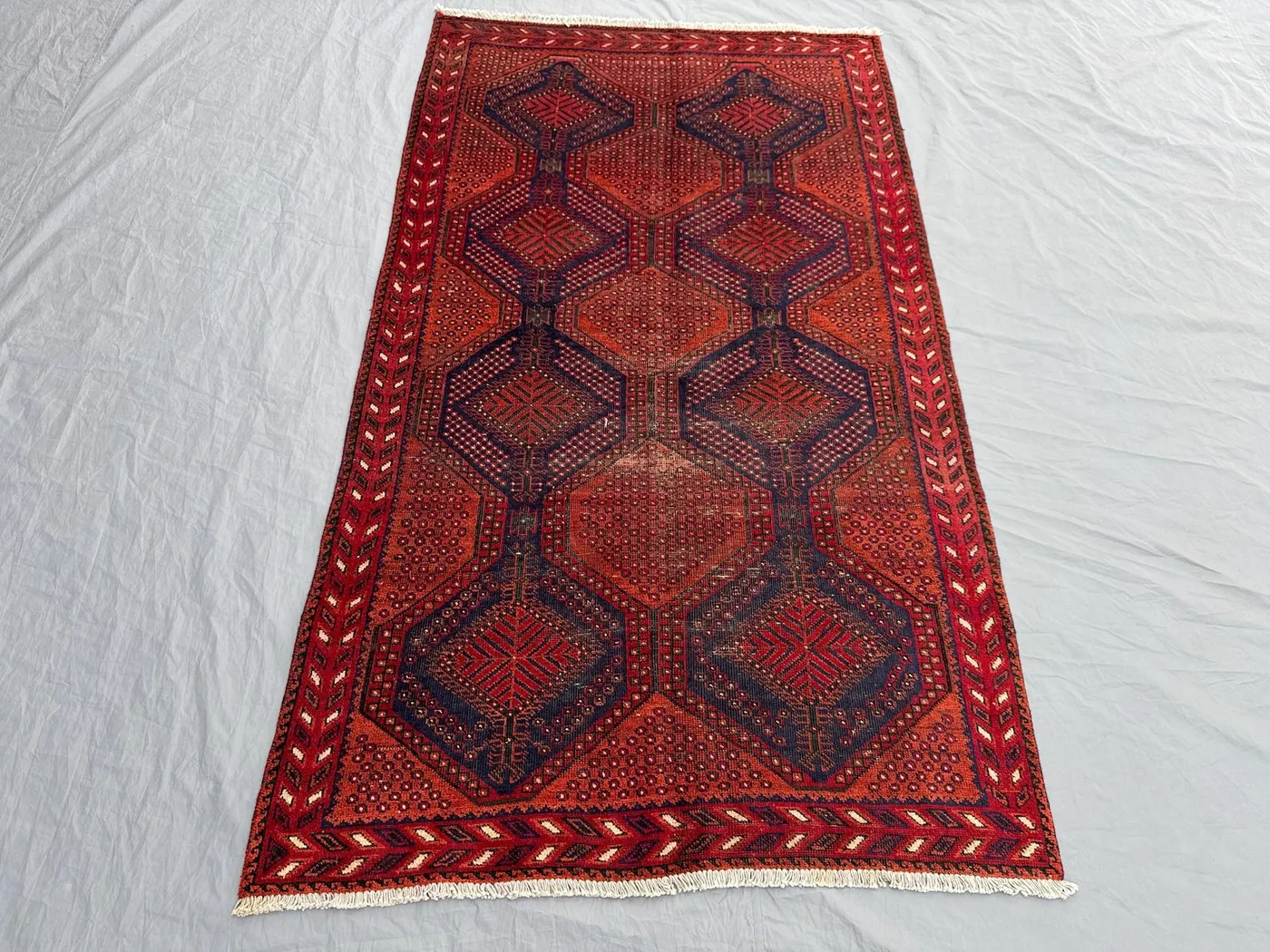 Red 3'11x6'9 Ft Turkish Hand Knotted Low Pile Distressed Rug, Rare Nomadic Medallion Design, Vintage Tribal Rug, Kitchen Rug