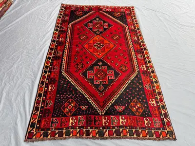 Red 5x8'6 Ft Vintage Afghan Hand Knotted Soft Rug, Tribal Wool, Geometric Caucasian Design, Antique Area Rug, 