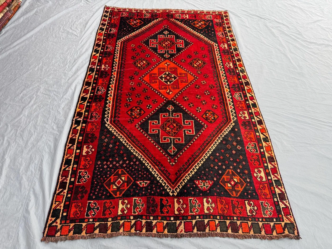 Red 5x8'6 Ft Vintage Afghan Hand Knotted Soft Rug, Tribal Wool, Geometric Caucasian Design, Antique Area Rug, Living Room Decor