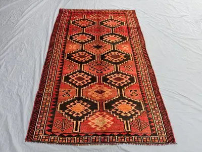 Red 4'7x7'1 Ft Vintage Moroccan Style Afghan Hand Knotted Soft Rug, Tribal Wool, Nomadic Fine Rug, Geometric P