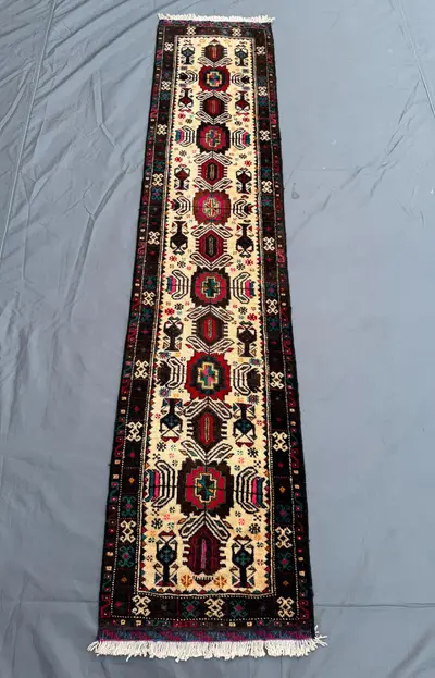 2 × 7 Afghan Hand-Knotted Vintage Runner Balochi Pictorial Design Cream Red Brown Unique Tribal Soft Wool Narr