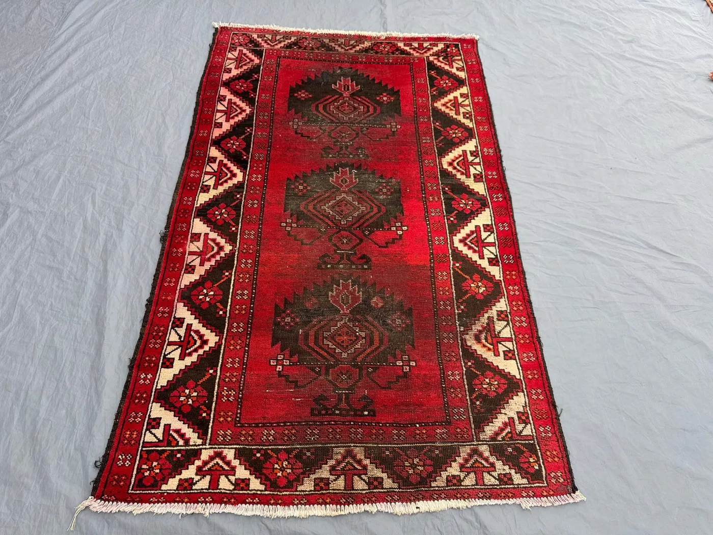Red 3'10 x 6'4 Ft Antique Turkish Tribal Area Rug Low Pile Hand Knotted Geometric Wool One Of A Kind Living Room Dining Decor, Area Rug