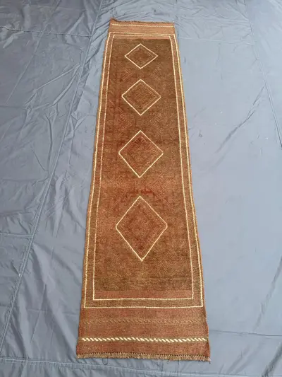 2 × 8 Afghan Hand-Woven Flat Weave Kilim Mishwani Balochi Design Terracotta Brown Faded Tribal Wool Runner Dec