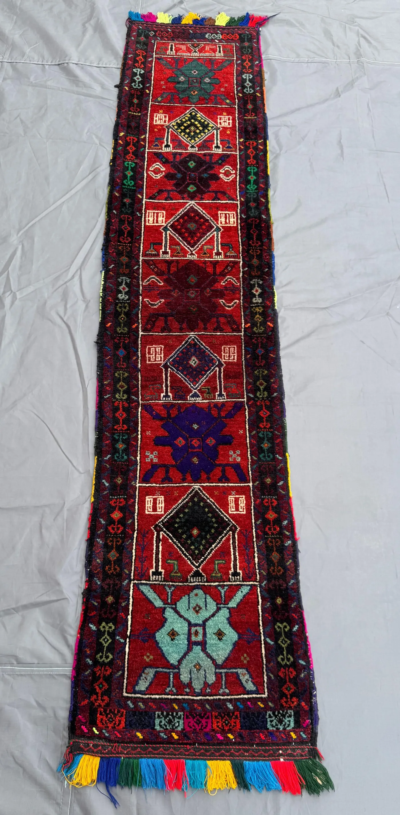 2x7 Afghan Hand-Knotted Vintage Runner Balochi Tribal Design Multicolor Geometric Soft Wool One-of-a-Kind Hallway Decor | kitchen decor rug