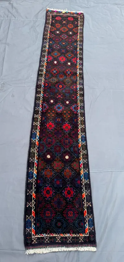 2 × 8 Afghan Hand-Knotted Vintage Runner Taimani Balochi Design Soft Wool Tribal Red Blue Narrow Hallway Decor