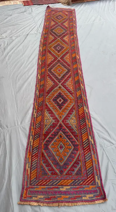 2×12 Afghan Hand-Knotted Vintage Runner Mishwani Tribal Design Red Orange Geometric Soft Wool Long One-of-a-Ki