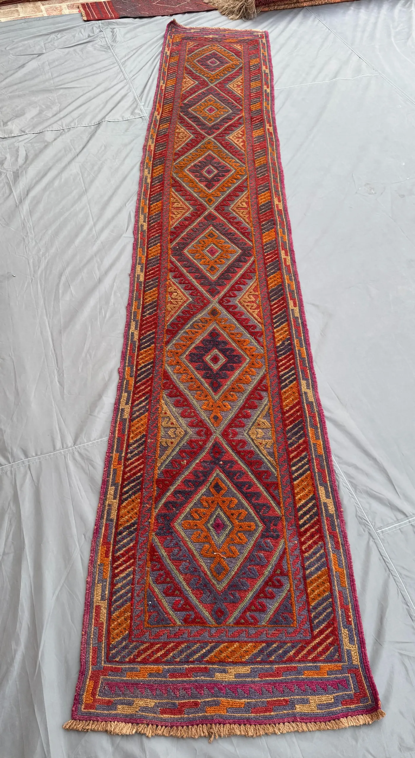 2×12 Afghan Hand-Knotted Vintage Runner Mishwani Tribal Design Red Orange Geometric Soft Wool Long One-of-a-Kind Hallway | bedroom decor rug