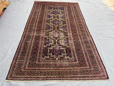 Brown 6'5 x 10'10 Ft Antique Afghan Baluchi Hand Knotted Distressed Large Area Rug Geometric Tribal Wool Low P