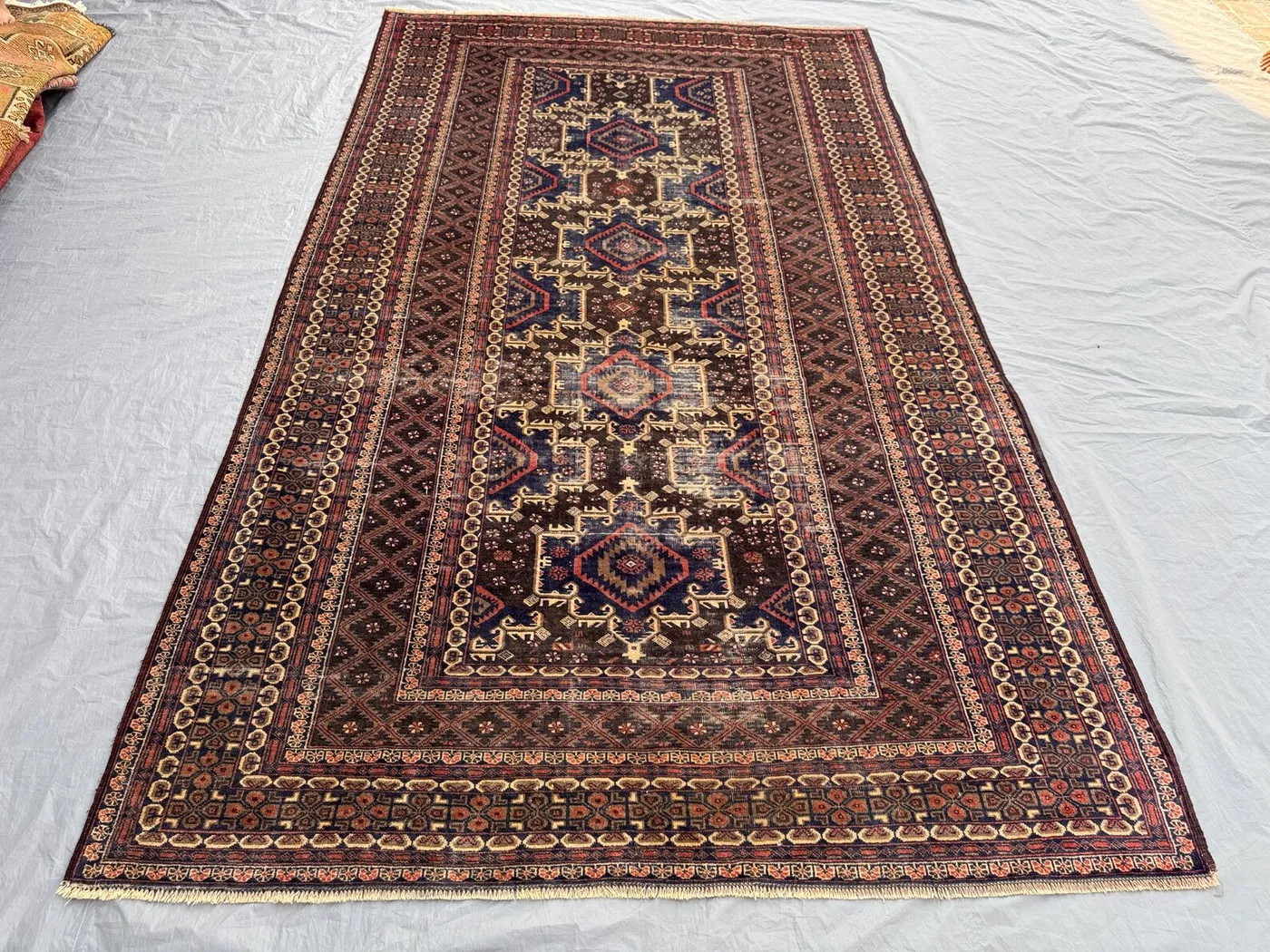 Brown 6'5 x 10'10 Ft Antique Afghan Baluchi Hand Knotted Distressed Large Area Rug Geometric Tribal Wool Low Pile Living Room Decor
