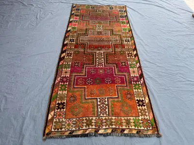 Terracotta 3'11 x 9'1 Ft Turkish Inspired Vintage Caucasian Hand Knotted Tribal Runner Rug Geometric Wool Soft