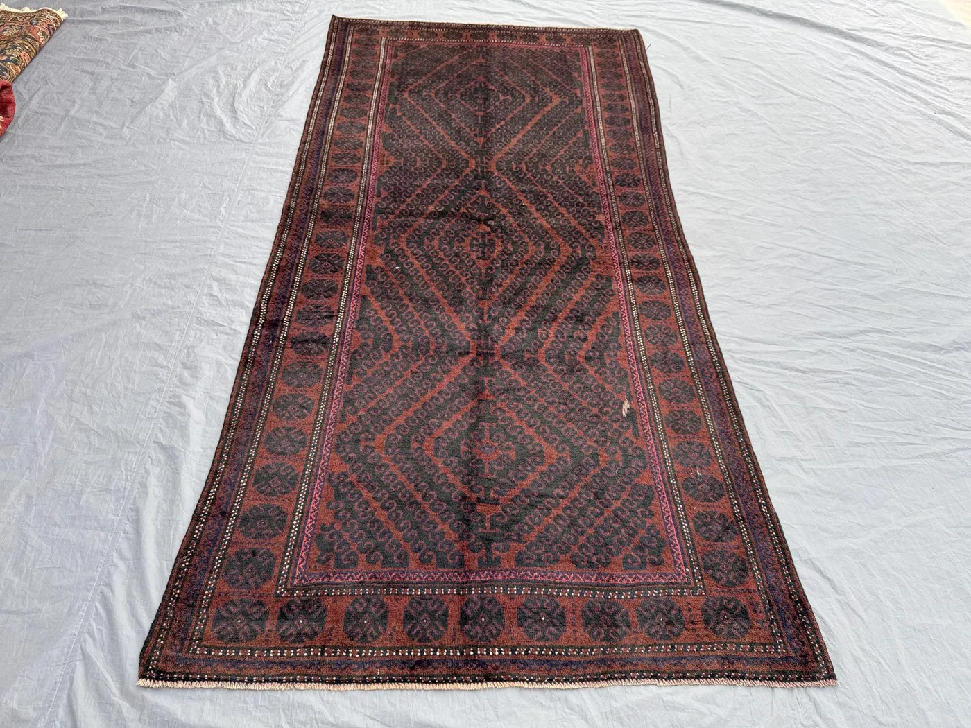 Terracotta 4'5 x 9'8 Ft Afghan Hand Knotted Vintage Baluchi Tribal Runner Rug Geometric Wool Hallway Entryway Decor corridor,kitchen walkway