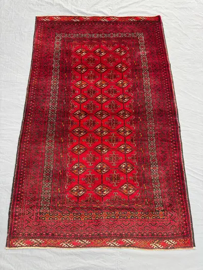 Red 3'6 x 5'8 Ft Turkmen Bukhara Vintage Hand Knotted Area Rug  Tribal Geometric Wool Soft Pile Living Room De