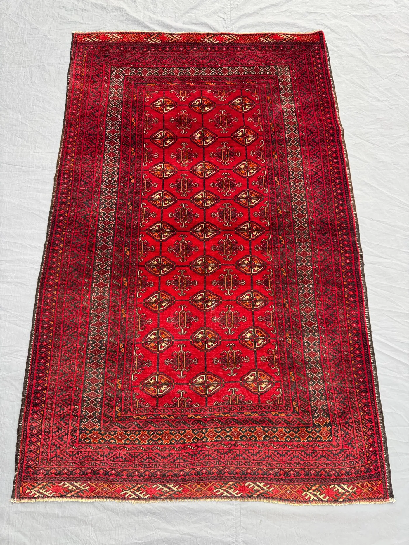 Red 3'6 x 5'8 Ft Turkmen Bukhara Vintage Hand Knotted Area Rug Tribal Geometric Wool Soft Pile Living Room Decor, Top Quality Rare Rug