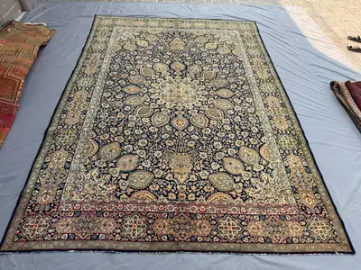 9'2x13'1 Caucasian Design Rug | Vintage Hand-Knotted Wool | Navy Tribal Geometric Medallion Large Area Rug