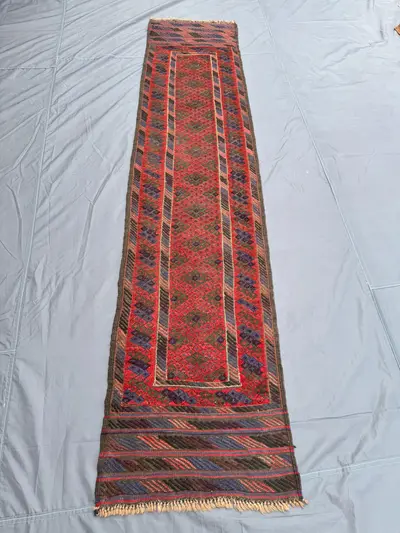 2 × 9 Afghan Hand-Woven Vintage Flat Weave Kilim Runner Mishwani Balochi Design Red Brown Blue Tribal Geometri
