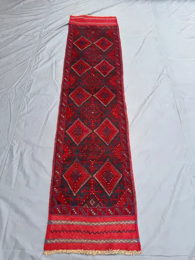 2 × 9 Afghan Hand-Knotted Vintage Runner Balochi Mishwani Design Red Navy Geometric Soft Wool Tribal Hallway D