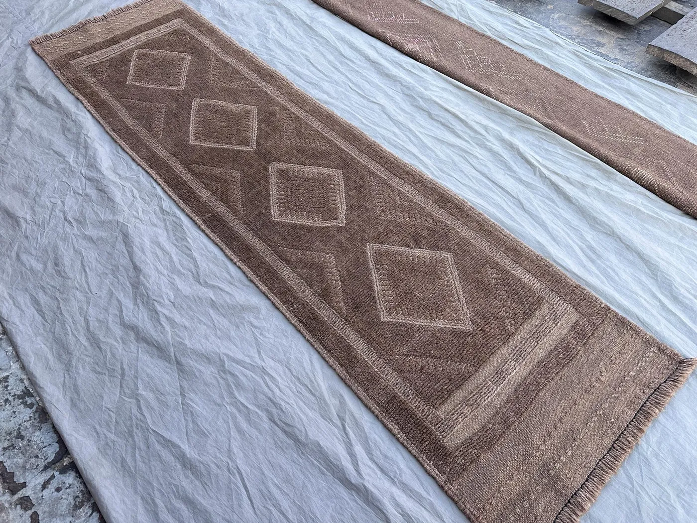 2x7'8 Vintage Afghan Mishwani Runner Rug, Handwoven Tribal Wool Carpet, Geometric Brown Hallway Boho Rug, Farmhouse Decor, Kitchen Rug