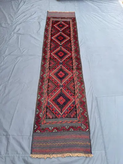 2 × 9 Afghan Hand-Knotted Vintage Runner Mishwani Balochi Design Red Blue Geometric Soft Wool Tribal Hallway D