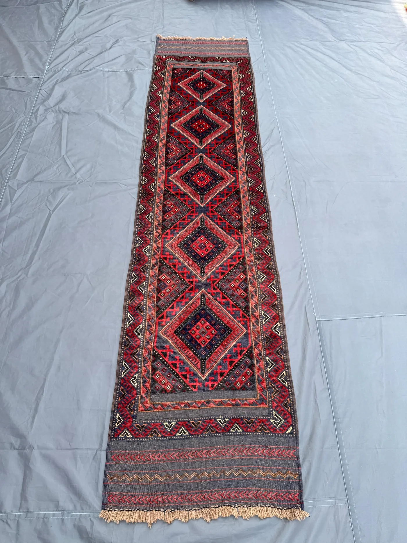 2 × 9 Afghan Hand-Knotted Vintage Runner Mishwani Balochi Design Red Blue Geometric Soft Wool Tribal Hallway Decor | Bedroom & kitchen rug