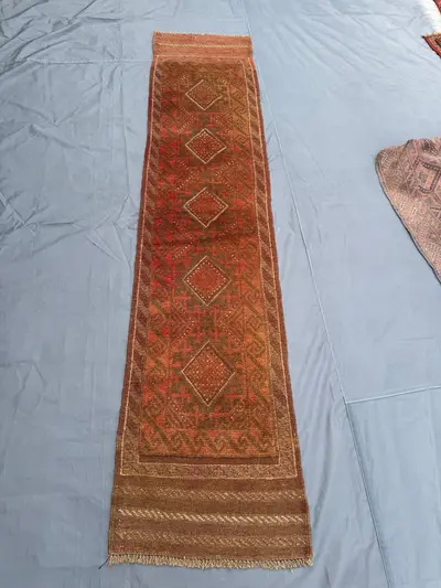2x8 Vintage Afghan Mishwani Runner Rug, Handwoven Tribal Wool Carpet, Geometric Brown Red Hallway Boho Rug, Fa