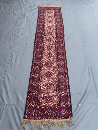 2x9 Ft Afghan Handwoven Vintage Runner Rug, Tribal Kilim Design, Red Blue Cream Geometric Pattern, One-of-a-Ki