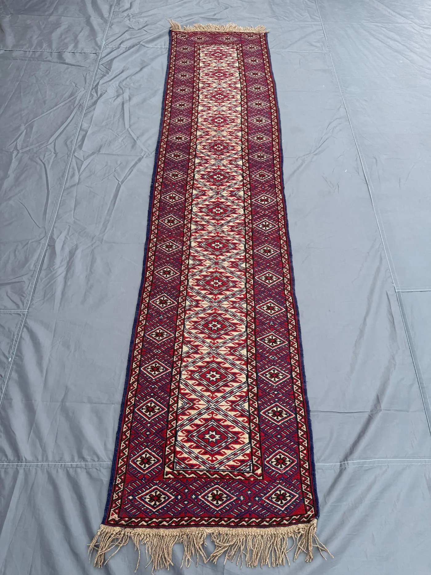 2x9 Ft Afghan Handwoven Vintage Runner Rug, Tribal Kilim Design, Red Blue Cream Geometric Pattern, One-of-a-Kind Boho Corridor Decor Rug
