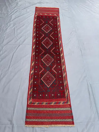 2 × 8 Afghan Hand-Knotted Vintage Runner Mishwani Balochi Design Red Navy Brown Geometric Tribal Soft Wool Hal