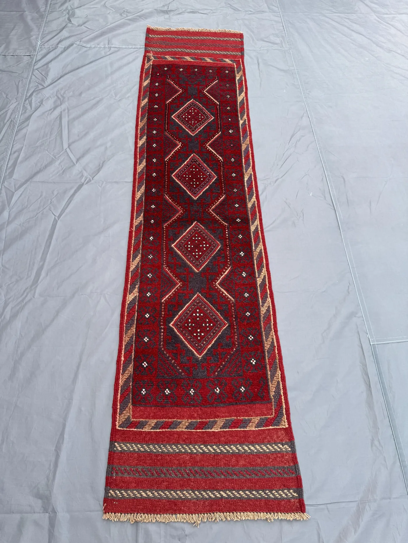 2 × 8 Afghan Hand-Knotted Vintage Runner Mishwani Balochi Design Red Navy Brown Geometric Tribal Soft Wool Hallway Decor | Bedroom decor rug