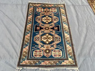 3'5 x 5'5 ft Antique Caucasian Kazak Rug, Hand Knotted Wool Carpet, Tribal Geometric Design, Vintage Oriental 