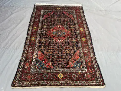5x8 Persian-Style Herati Design Rug | Antique Hand Knotted Wool | Navy Red Medallion Village Carpet