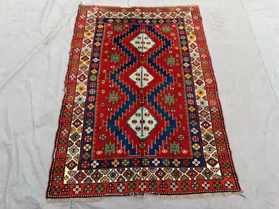 3'10 x 5'5 ft Vintage Turkish Pictorial Rug | Hand-Knotted Soft Pile Geometric Medallion | Red Boho One-of-a-K