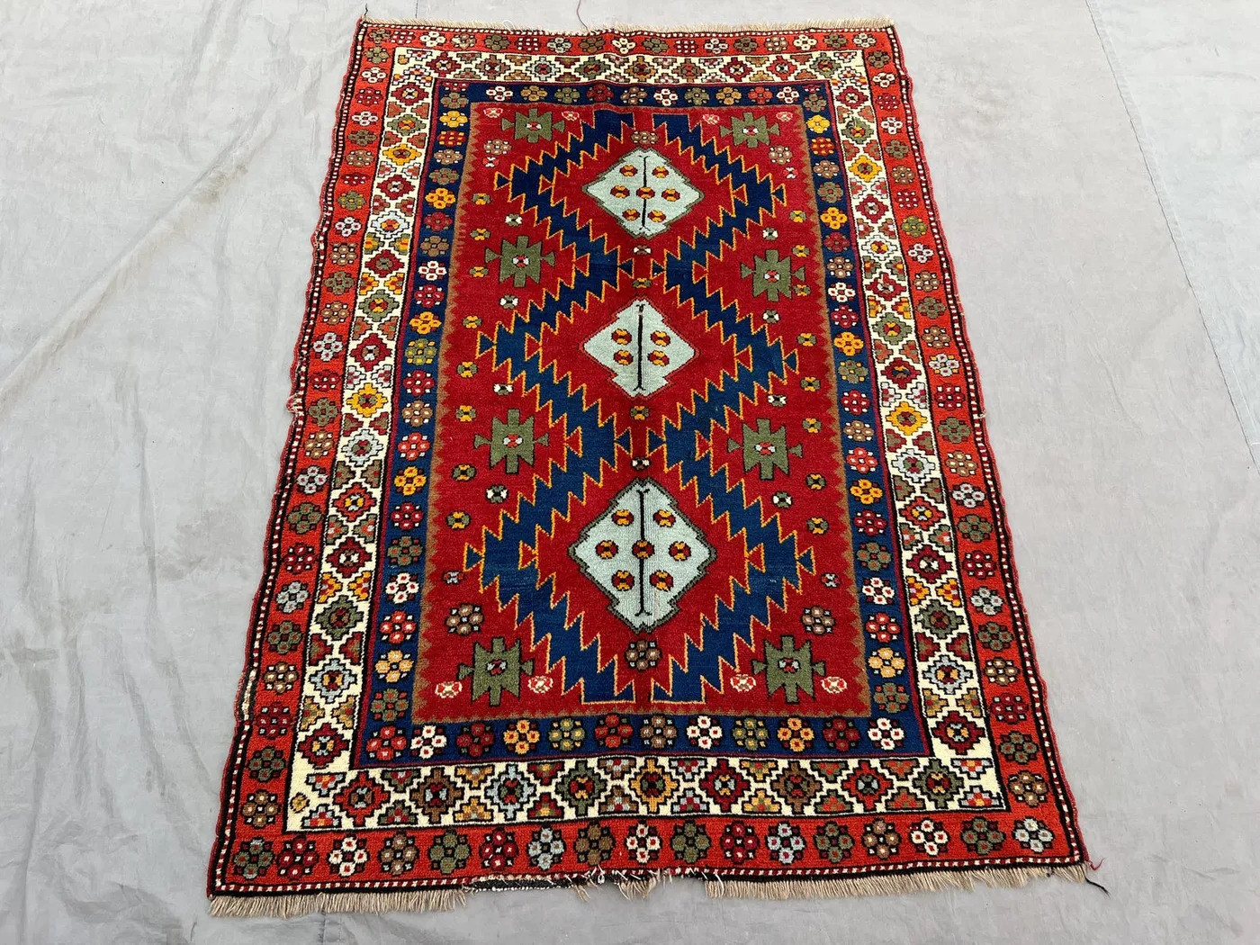 3'10 x 5'5 ft Vintage Turkish Pictorial Rug | Hand-Knotted Soft Pile Geometric Medallion | Red Boho One-of-a-Kind Luxury Decor