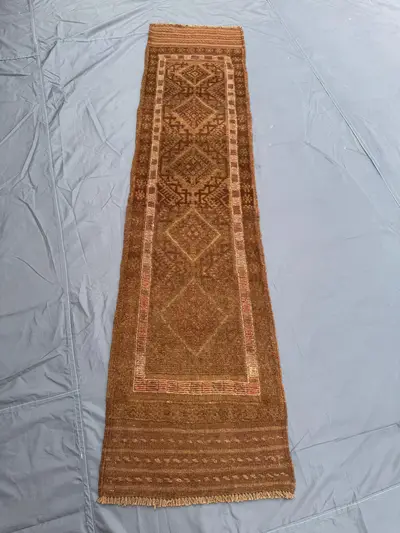 1.9 x 7.8 ft Afghan Hand-Woven Vintage Kilim Runner Rug, Terracotta Faded Mishwani Design, Rare Flat Weave | L