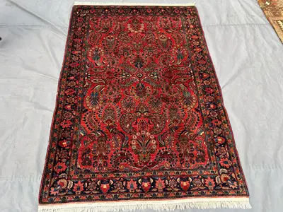 4'3 x 6'7 Antique Afghan Rug | Persian-Style Sarouk Floral Design | Hand Knotted Wool Carpet, Red
