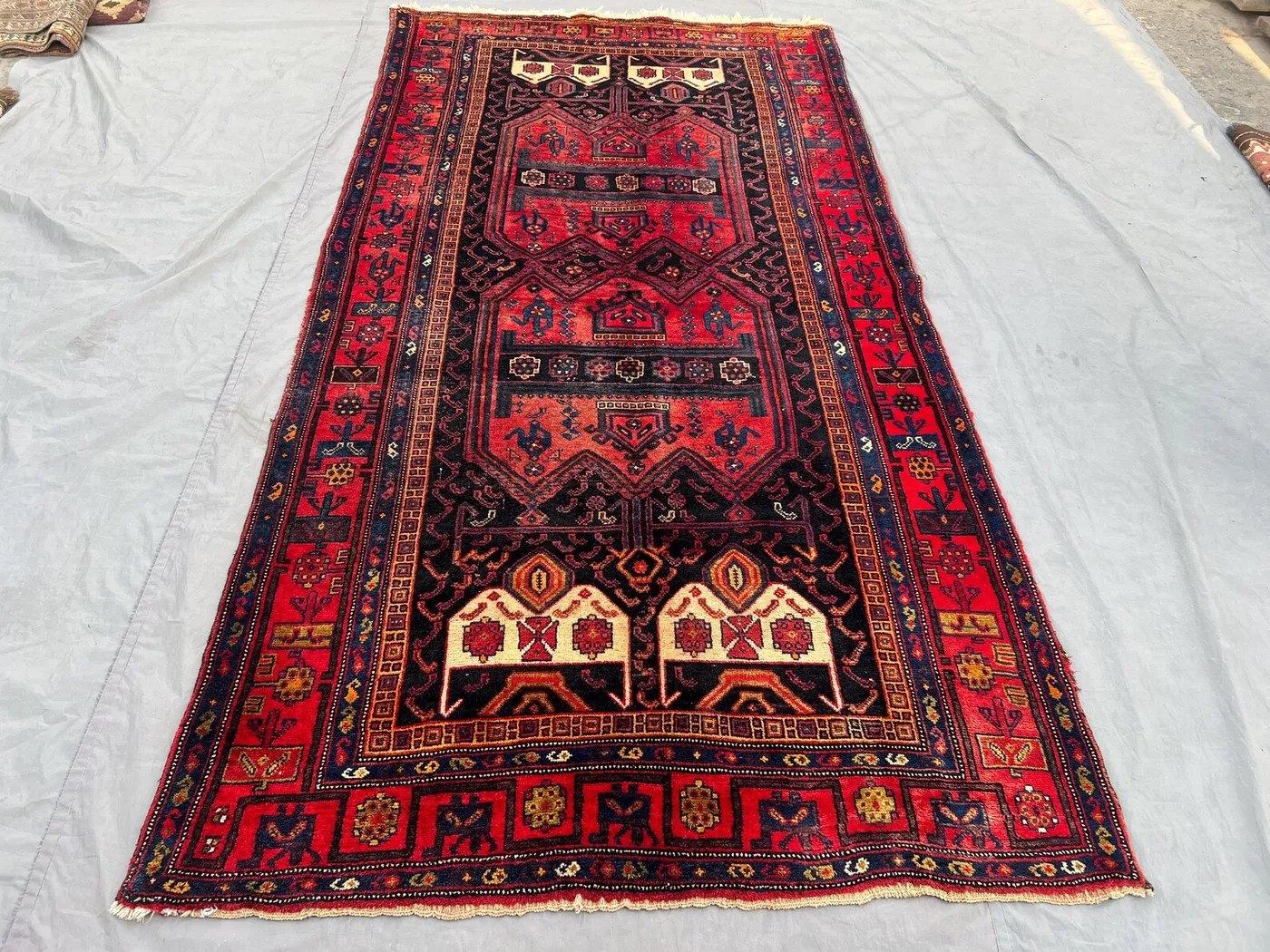 5x10 Antique Caucasian Tribal Rug, Afghan Hand Knotted Wool Carpet, Geometric Pattern Oriental Area Rug, Red Navy Rug, Kitchen Rug