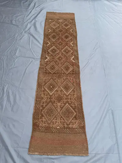 2 x 8 ft Afghan Hand Knotted Vintage Rare Soft Pile One of a Kind Narrow Runner Terracotta Color Faded Mishwan