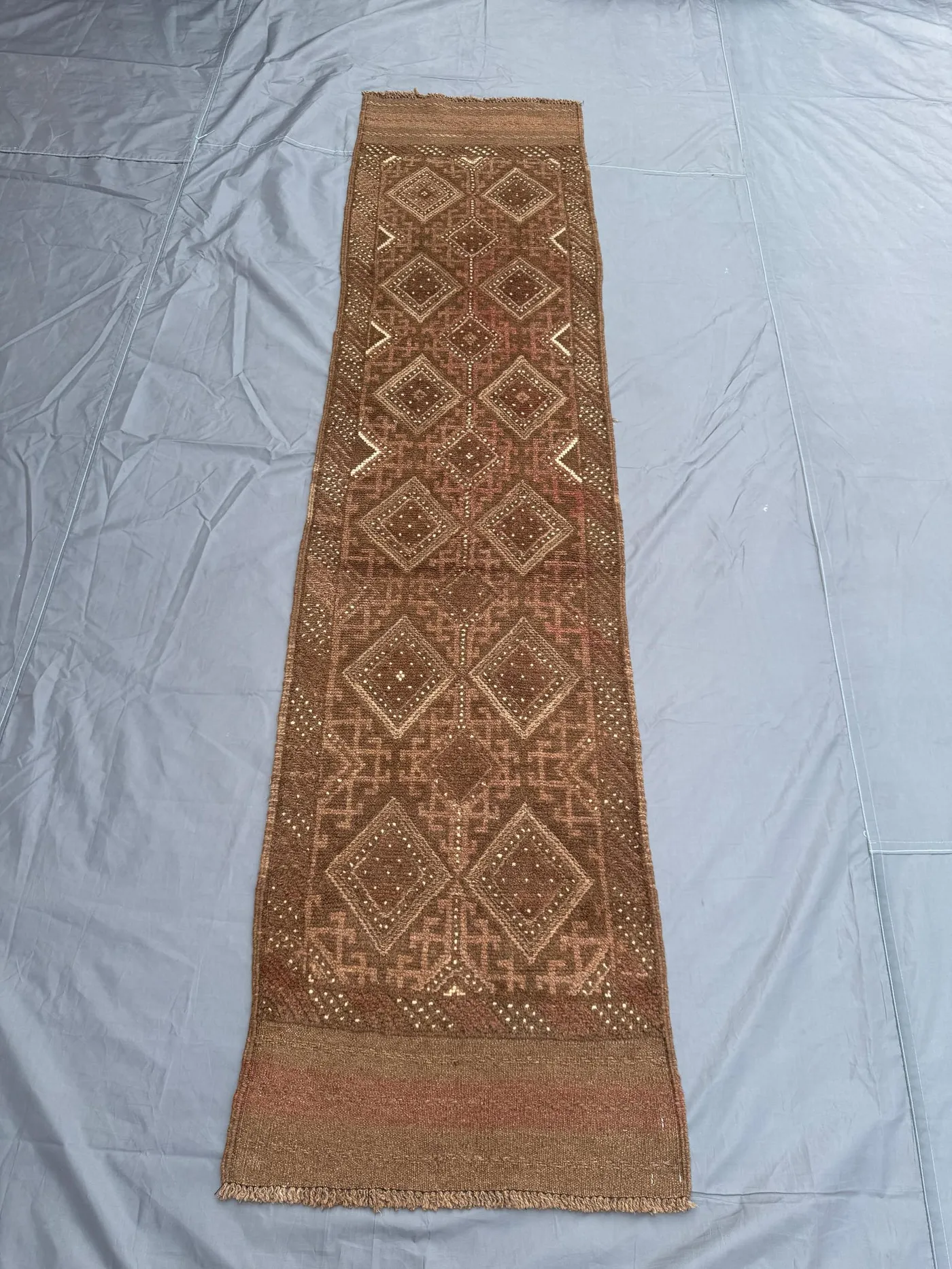 2 x 8 ft Afghan Hand Knotted Vintage Rare Soft Pile One of a Kind Narrow Runner Terracotta Color Faded Mishwani Design | Living room decor