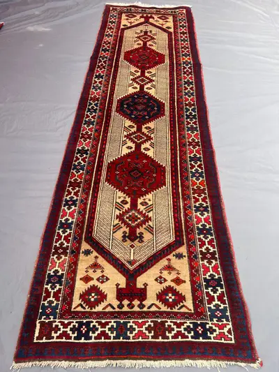 Red 3x10'8 Ft Vintage Afghan Geometric Pattern Hand-Knotted Runner,  Boho Rug, Tribal Wool ,Unique Floor Decor