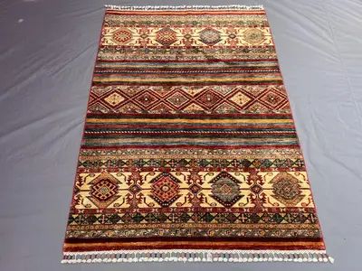 4'2x5'9" Antique Afghan Hand-Knotted Baluchi Area Rug, Vintage Boho Design, Soft Tribal Wool, Bedroom/Living R