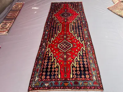 3'8x10'2 Persian-Style Hamadan Design Runner | Hand-Knotted Afghan Wool | Red Triple-Medallion Tribal Hallway 