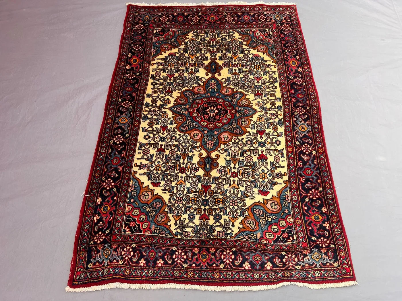 3'7 x 5'6 ft Vintage Afghan Hand-Knotted Geometric Pattern Tribal Wool Area Rug, Deep Red, Boho Decor for Living Room, Bedroom, Hallway