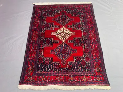 4x5'3 Ft Antique Afghan Baluchi Hand-Knotted Geometric Tribal Wool Area Rug, Deep Red, Boho Chic for Living Ro