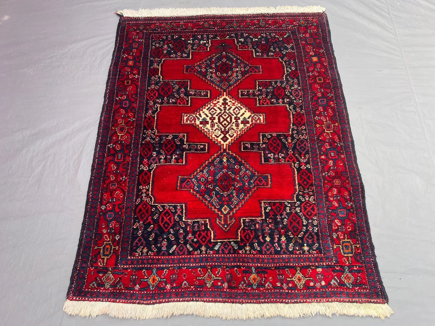 4x5'3 Ft Antique Afghan Baluchi Hand-Knotted Geometric Tribal Wool Area Rug, Deep Red, Boho Chic for Living Room, Bedroom, Floor Rug