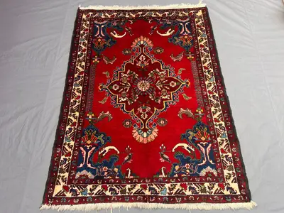 3'8x5 ft Vintage Afghan Baluchi Hand-Knotted Medallion Geometric Tribal Wool Area Rug, Deep Red, Boho Chic for