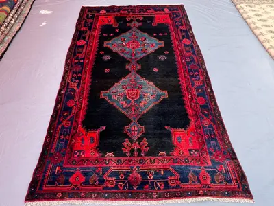 4'9x8'5 Persian-Style Hamadan Design Rug | Hand-Knotted Afghan Wool | Navy Twin-Medallion Vintage Area Rug